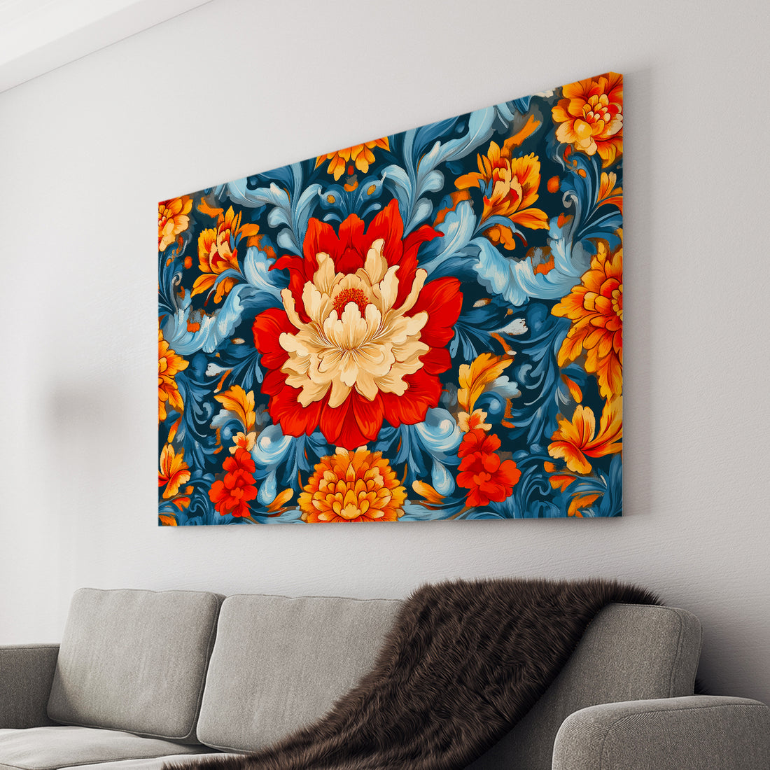 Enhance the ambiance of any room with our Vibrant Floral Canvas Wall Art. The striking orange and red flowers, accented by blue leaves, add a pop of color to your living room, sofa backdrop, or bedside. Bring life to your home decor with this beautiful and eye-catching piece.