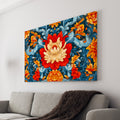 Enhance the ambiance of any room with our Vibrant Floral Canvas Wall Art. The striking orange and red flowers, accented by blue leaves, add a pop of color to your living room, sofa backdrop, or bedside. Bring life to your home decor with this beautiful and eye-catching piece.