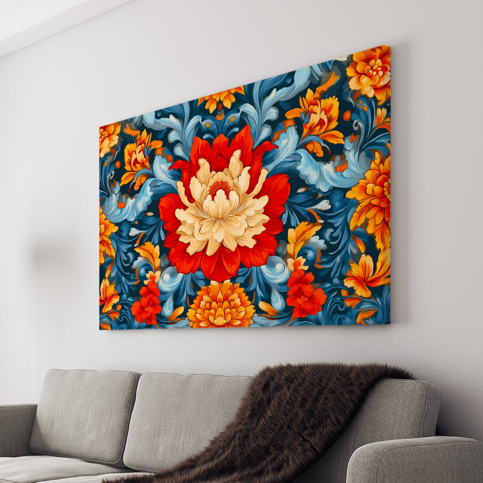 Enhance the ambiance of any room with our Vibrant Floral Canvas Wall Art. The striking orange and red flowers, accented by blue leaves, add a pop of color to your living room, sofa backdrop, or bedside. Bring life to your home decor with this beautiful and eye-catching piece.