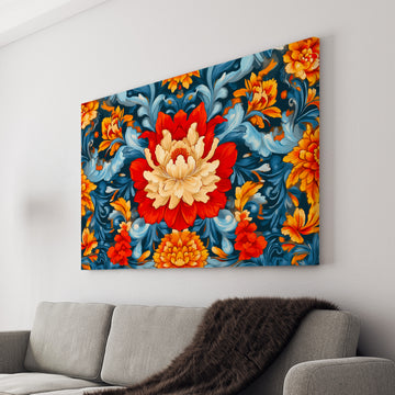 Enhance the ambiance of any room with our Vibrant Floral Canvas Wall Art. The striking orange and red flowers, accented by blue leaves, add a pop of color to your living room, sofa backdrop, or bedside. Bring life to your home decor with this beautiful and eye-catching piece.