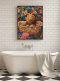 Lion bathtub canvas art with tropical flowers and colorful jungle leaves