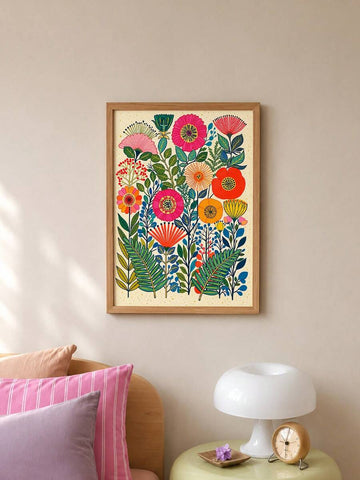 Folk art canvas filled with colorful flowers and layered green leaves