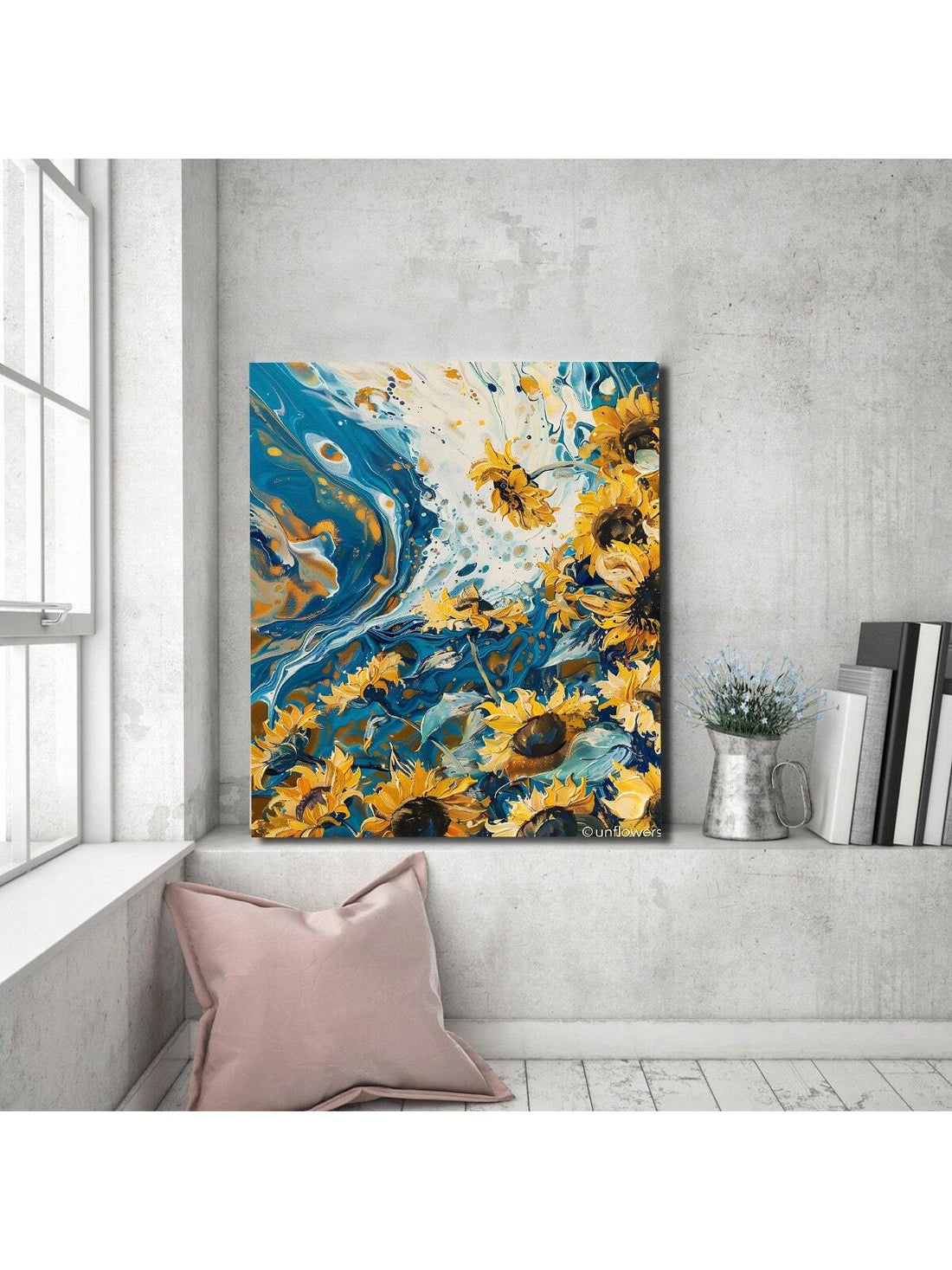 Elevate your walls with our Vibrant Framed Abstract Sunflower Canvas Print. This perfect preppy wall art is designed for teens and modern spaces. Brighten up any room with the vibrant colors and abstract design of this high-quality canvas print. Elevate your home decor with this expertly crafted piece.