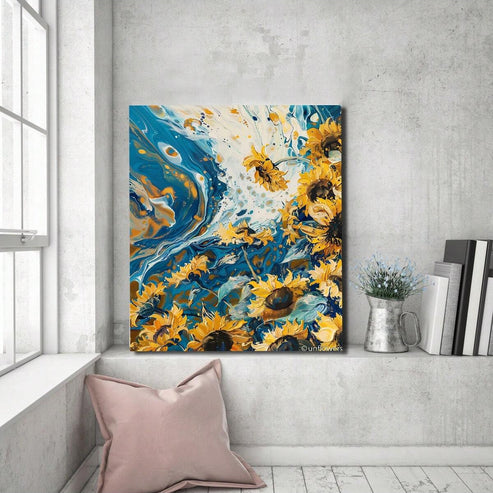 Vibrant abstract sunflower framed canvas wall art for modern and teen spaces