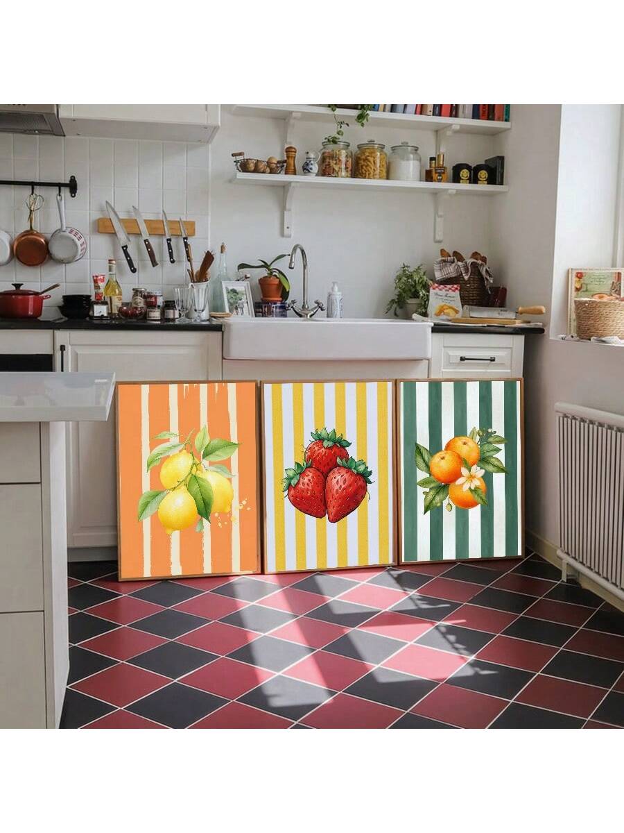 Add a splash of vintage charm to your kitchen or dining space with these vibrant fruit canvas prints. Featuring bold, retro-inspired illustrations of oranges, strawberries, and lemons, these unframed posters serve as striking focal points that enhance your décor while evoking a nostalgic aesthetic. The vivid colors and classic design complement various interior styles, making them an ideal choice for culinary enthusiasts seeking to elevate their wall art collection.