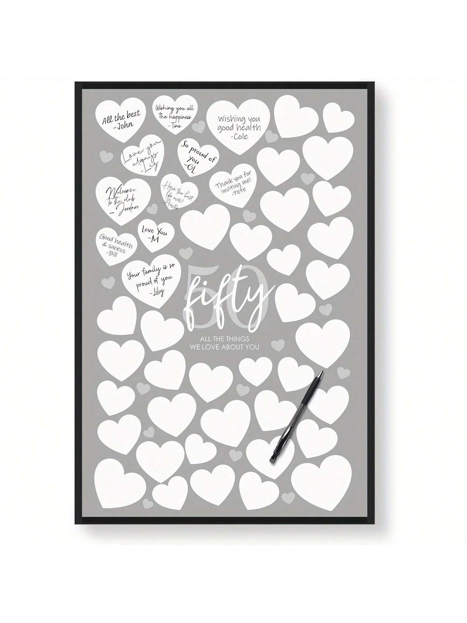 Elevate your home decor with this Vibrant Heart Canvas Art. This unique piece features a '50 Reasons We Love You' signature guest book alternative, making it a personalized addition to any space. With its vibrant colors and heartfelt message, this canvas art is sure to bring joy and warmth to any room.