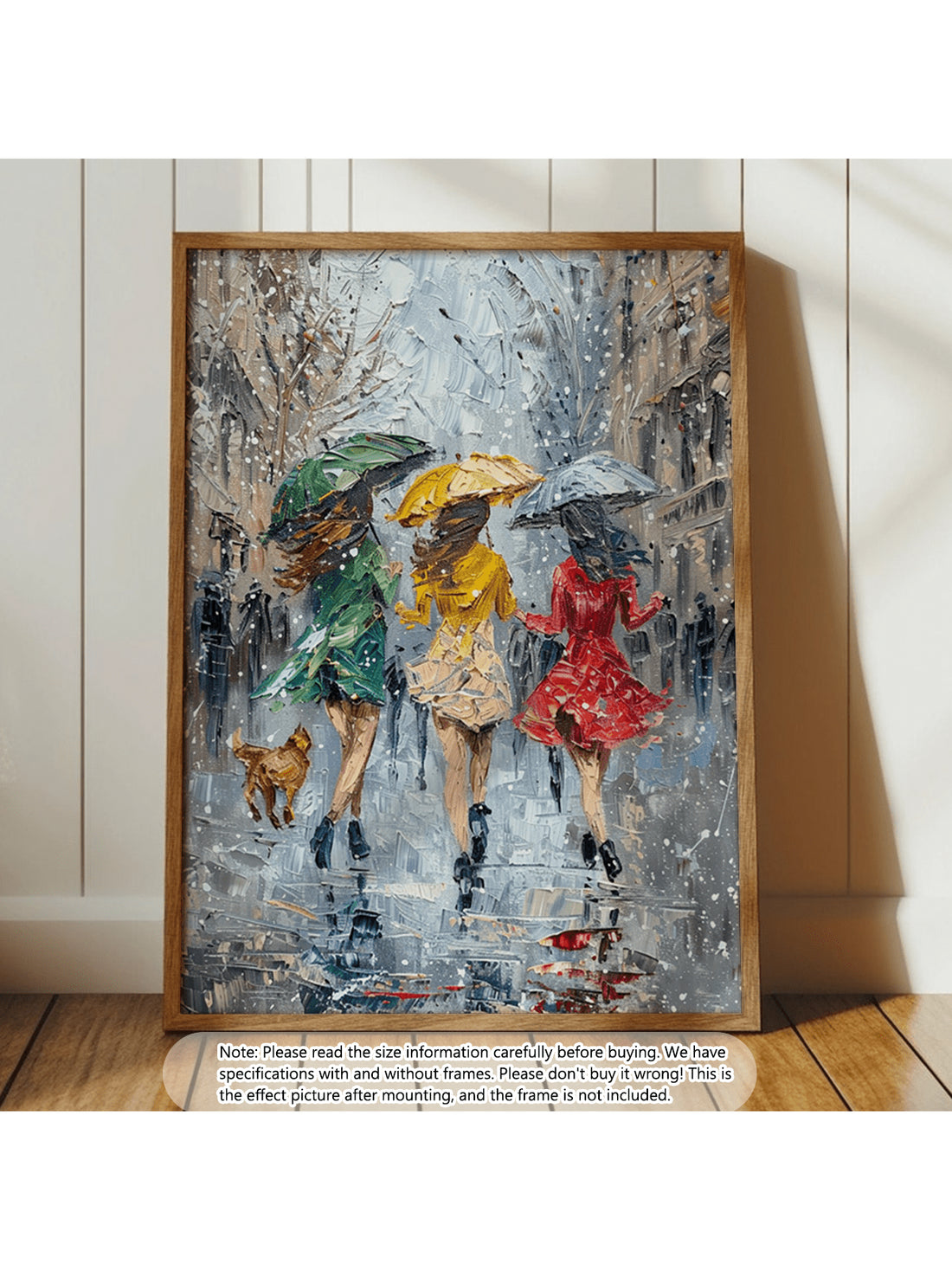 This striking impressionist canvas portrays the joyful abandon of three women dancing in rainfall, rendered in bold, expressive brushstrokes and luminous colors.