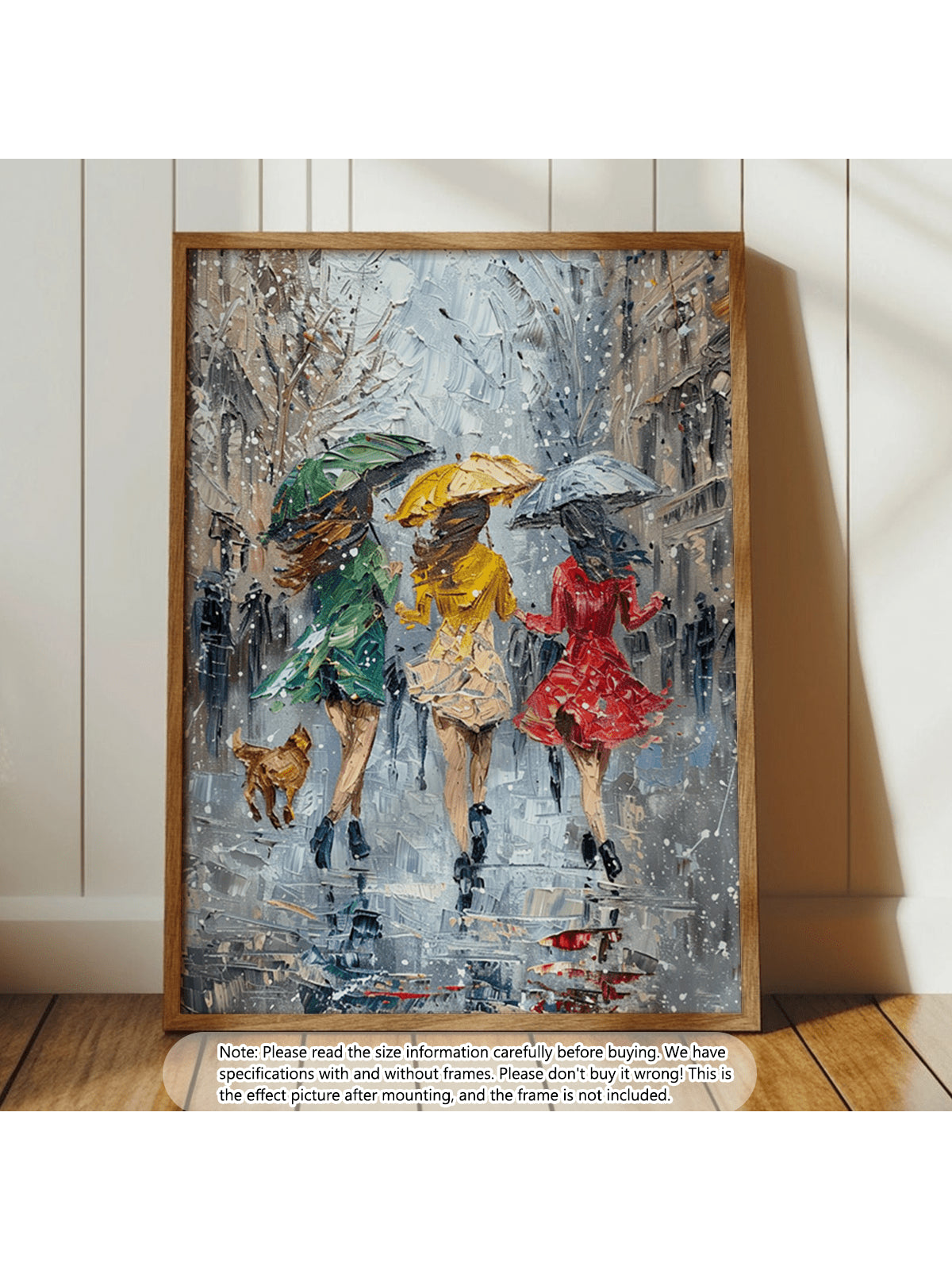 This striking impressionist canvas portrays the joyful abandon of three women dancing in rainfall, rendered in bold, expressive brushstrokes and luminous colors.