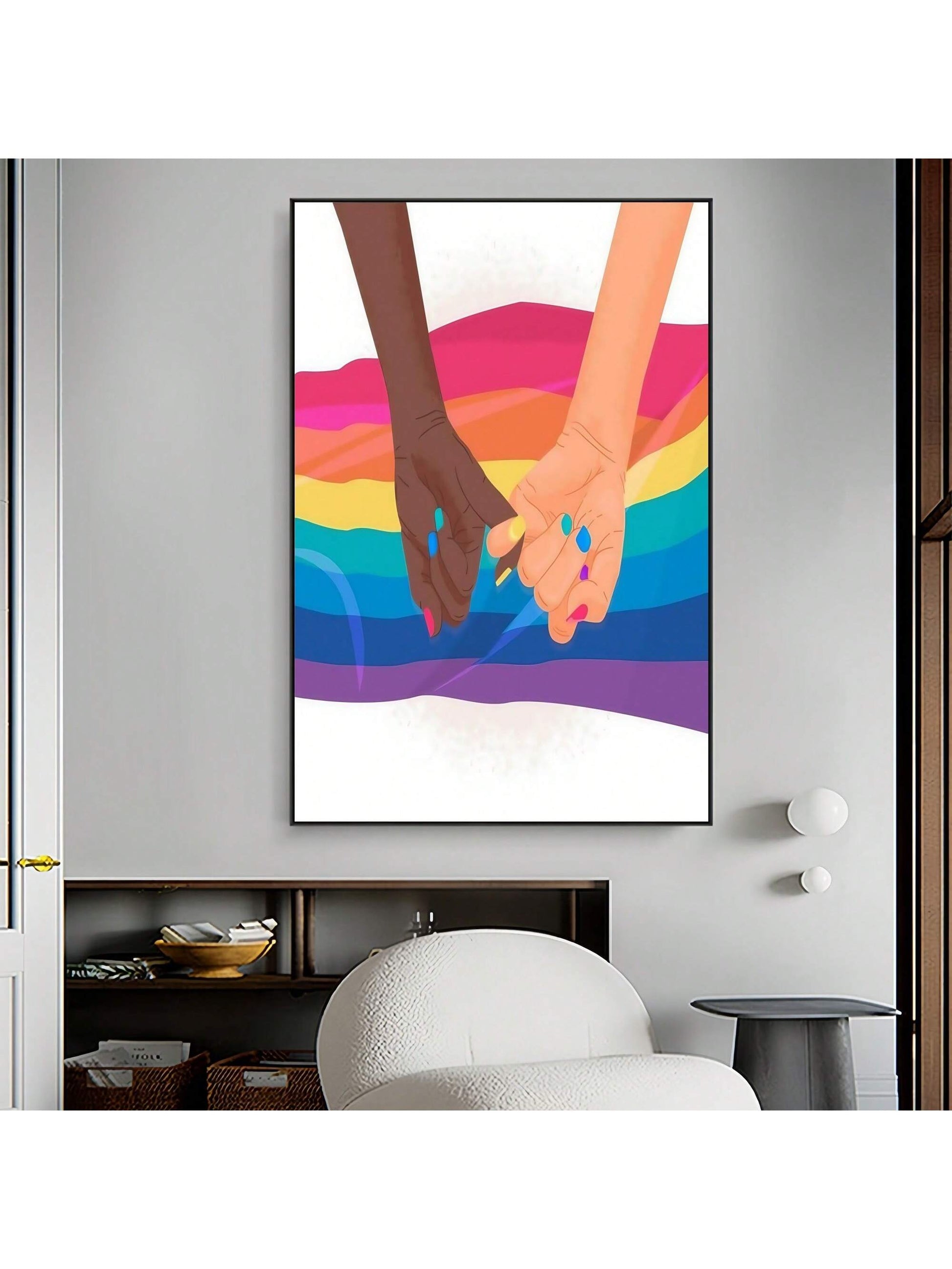 Celebrate diversity and love with this striking LGBT Pride Day canvas art featuring girls holding hands. This modern wall decoration adds a vibrant statement piece to any home or office space, showcasing your support for equality while enhancing your interior design with contemporary artistic expression. Professional-grade canvas ensures lasting color vibrancy and durability.