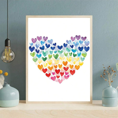 Vibrant rainbow heart wall art poster for home or office