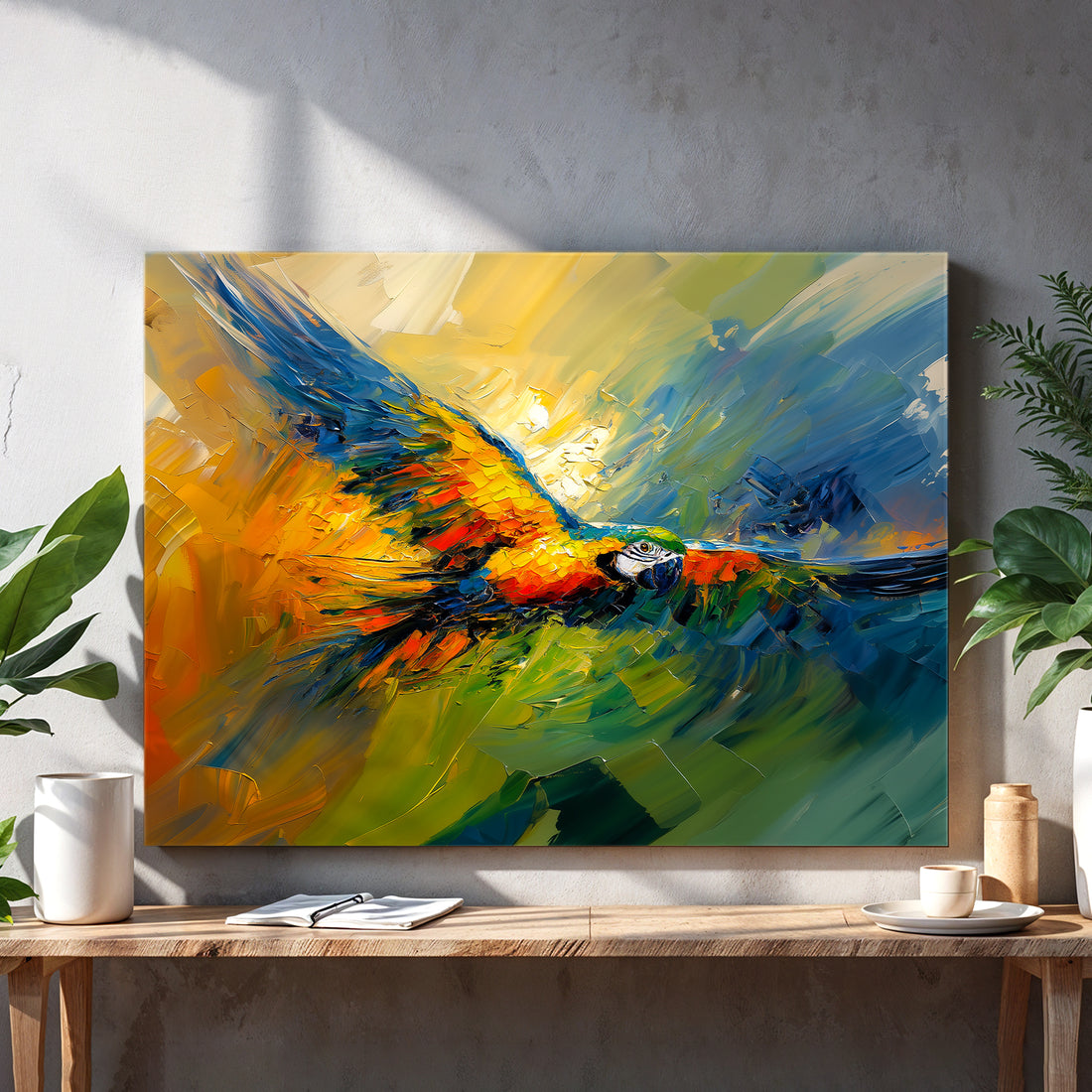 Elevate your living space with this Vibrant Macaw Bird Canvas Wall Art, featuring an abstract oil painting that captures the dynamic colors and energy of the macaw. Perfect as a striking backdrop for your sofa or bedside, this piece adds a sophisticated touch to home decor while enhancing the ambiance with its bold, artistic expression. Crafted to bring both vibrancy and elegance, it seamlessly complements modern interiors.