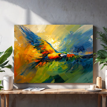 Elevate your living space with this Vibrant Macaw Bird Canvas Wall Art, featuring an abstract oil painting that captures the dynamic colors and energy of the macaw. Perfect as a striking backdrop for your sofa or bedside, this piece adds a sophisticated touch to home decor while enhancing the ambiance with its bold, artistic expression. Crafted to bring both vibrancy and elegance, it seamlessly complements modern interiors.