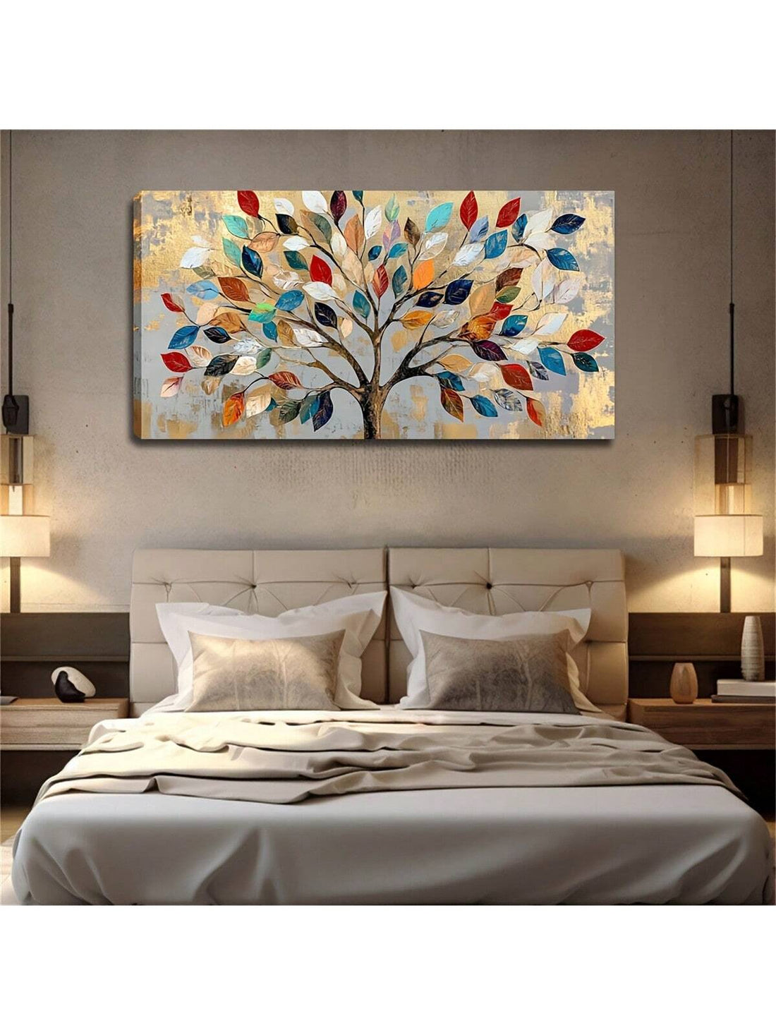 Elevate your space with this vibrant modern canvas wall art featuring a colorful tree design enhanced by subtle golden accents. Perfectly suited for living rooms, bedrooms, or home offices, this piece adds a sophisticated yet lively touch to your decor. The dynamic color palette and refined metallic highlights create a balanced focal point that complements contemporary interiors while inspiring creativity and warmth. Crafted for durability and visual impact, it transforms any room into an inviting and styli