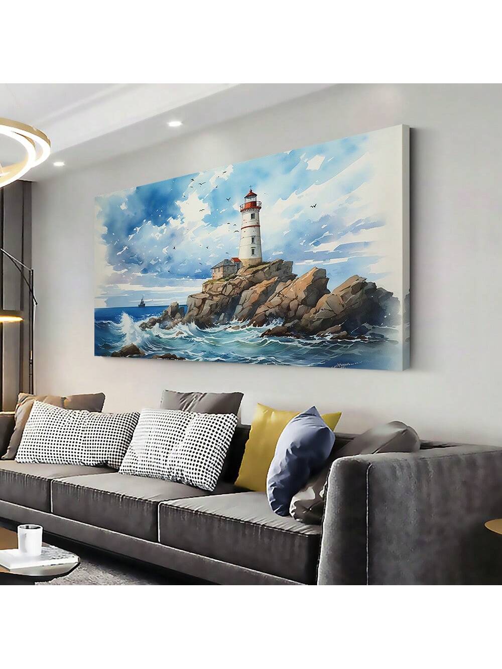 Elevate your coastal living space with this vibrant modern lighthouse seascape canvas art. Expertly framed, the abstract painting captures the dynamic energy of the sea and the iconic lighthouse, blending bold colors and contemporary design. Perfect for adding a sophisticated yet inviting touch to any coastal home decor, this piece brings both artistic flair and a serene maritime atmosphere to your walls.