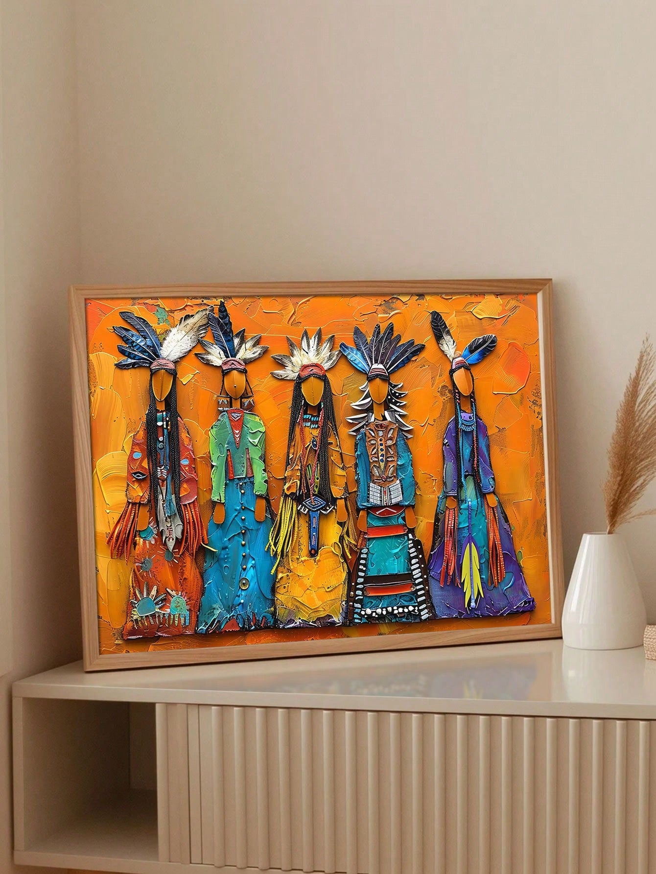 Experience the rich history and culture of Native American art with our Vibrant Canvas Art. This captivating piece features five figures dressed in traditional attire, beautifully captured on canvas with vibrant colors. Enhance the aesthetic of any room while celebrating the beauty and tradition of Native American culture.