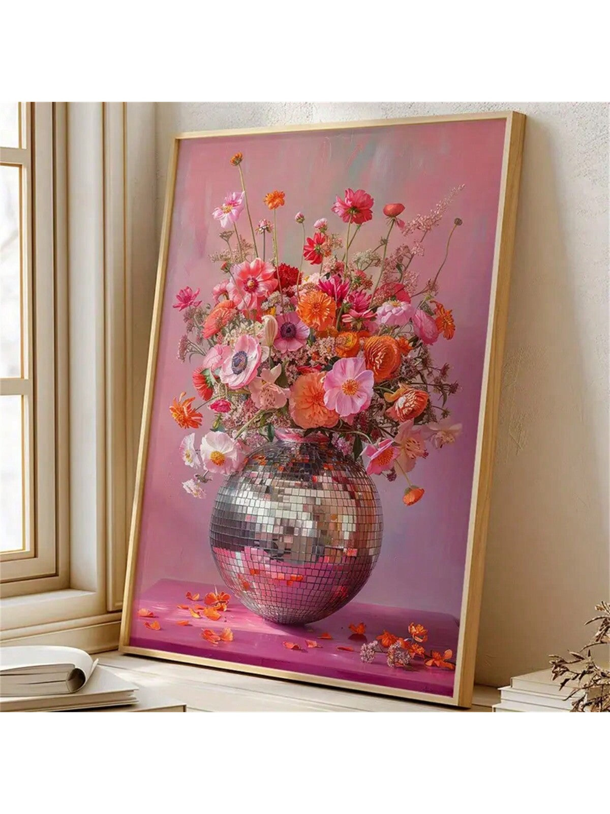 Elevate your space with our Vibrant Pink Floral Disco Ball Canvas Art Print. This chic and frameless wall decor is perfect for adding a pop of color to any room. Whether in the living room, bedroom, office, or bathroom, this print will bring a touch of vibrancy and sophistication.