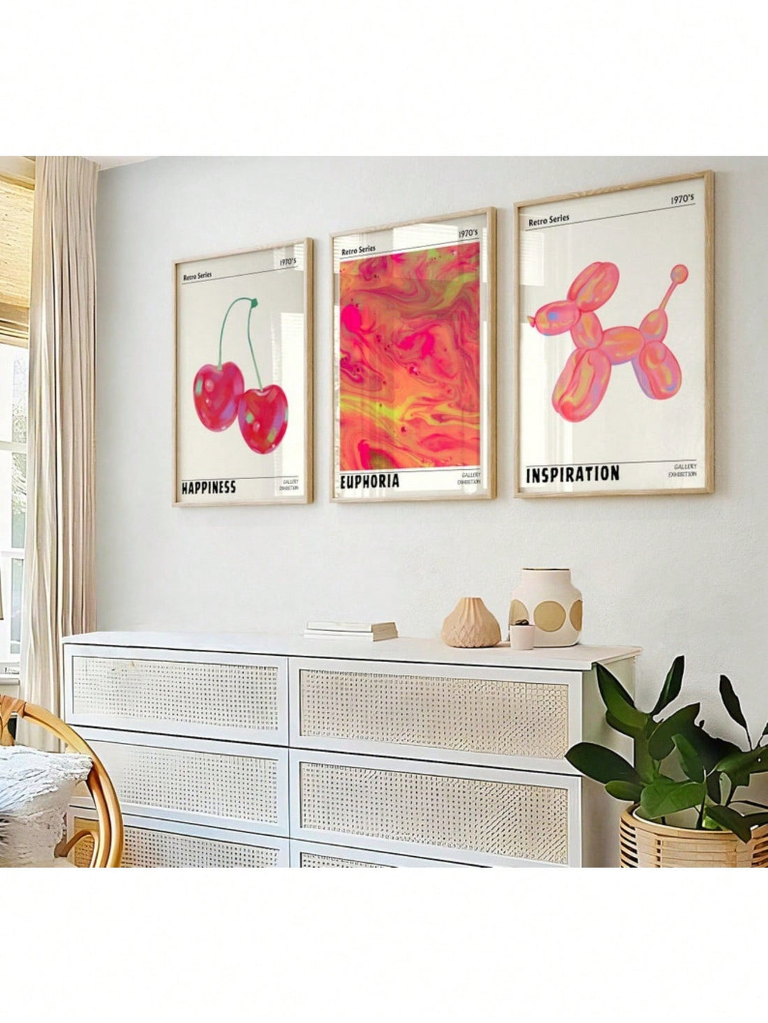 Transform your living space with this striking three-piece wall art collection featuring bold holographic abstract designs. Each poster showcases vibrant retro aesthetics with shimmering finishes that catch light beautifully, creating dynamic visual interest from every angle.