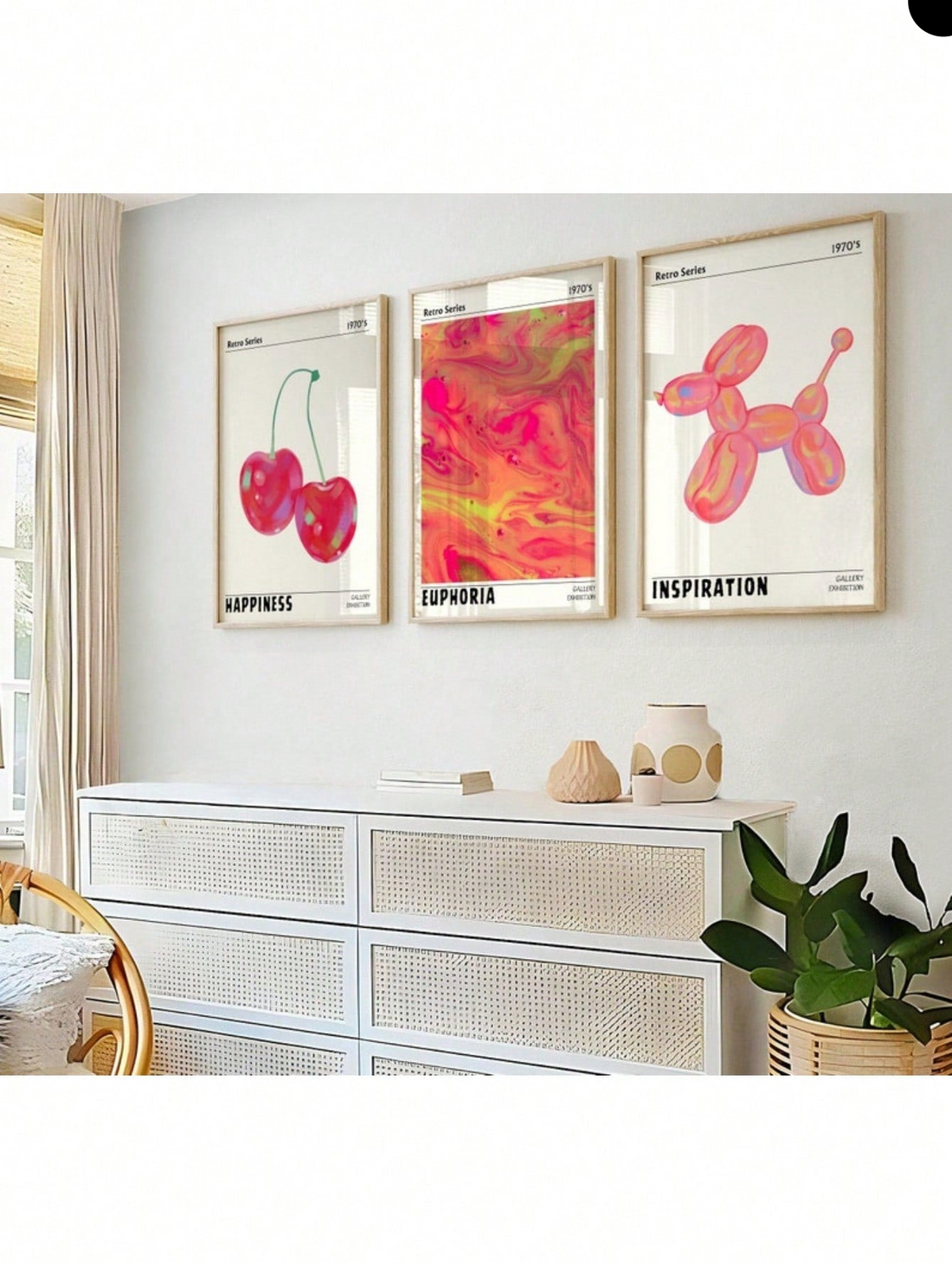 Transform your living space with this striking three-piece wall art collection featuring bold holographic abstract designs. Each poster showcases vibrant retro aesthetics with shimmering finishes that catch light beautifully, creating dynamic visual interest from every angle.