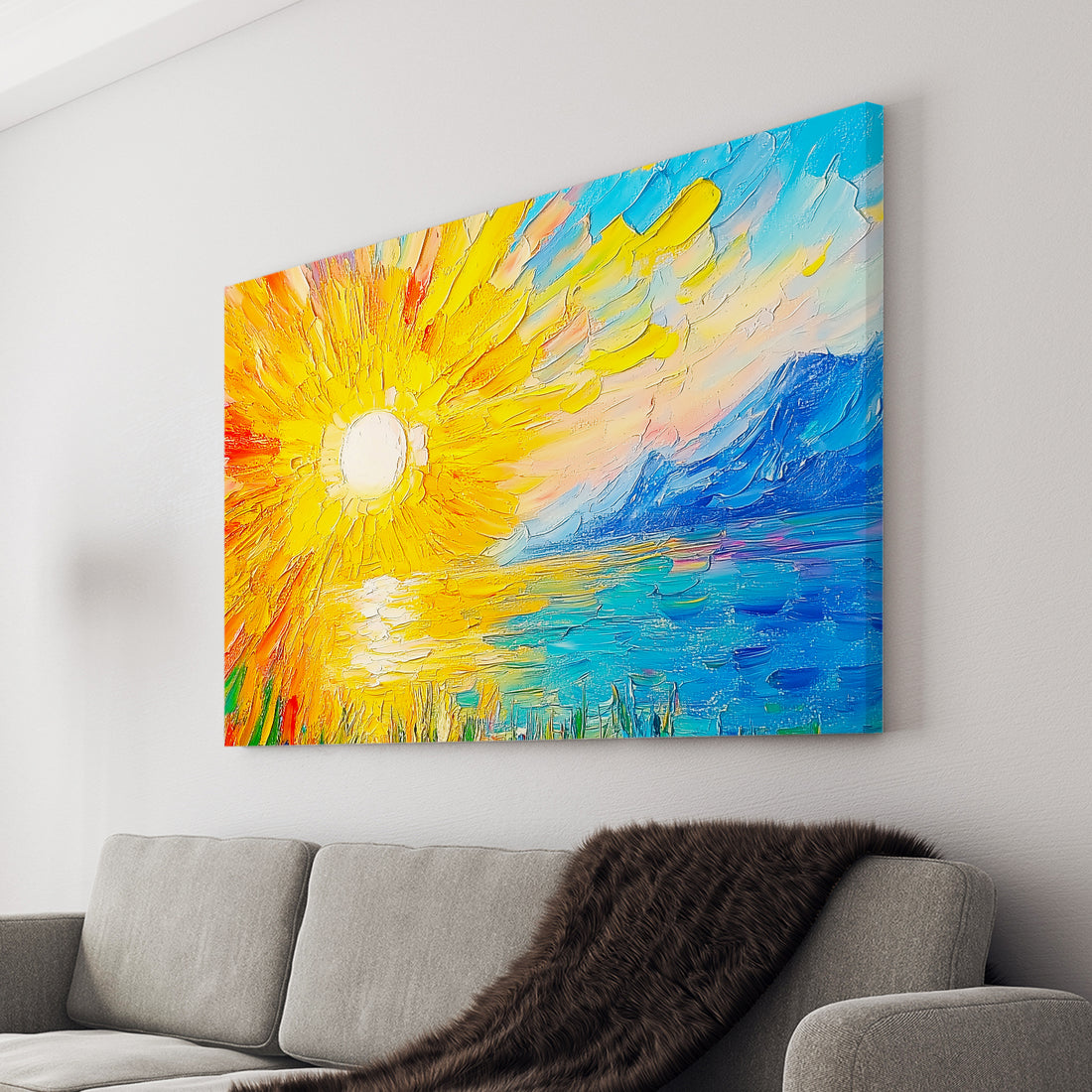 Expertly painted with vibrant shades of yellow and blue, this canvas wall art is sure to add a touch of color and life to any living room, sofa backdrop, or bedside. Transform your home decor with this beautiful landscape painting that captures the essence of a breathtaking sunset.