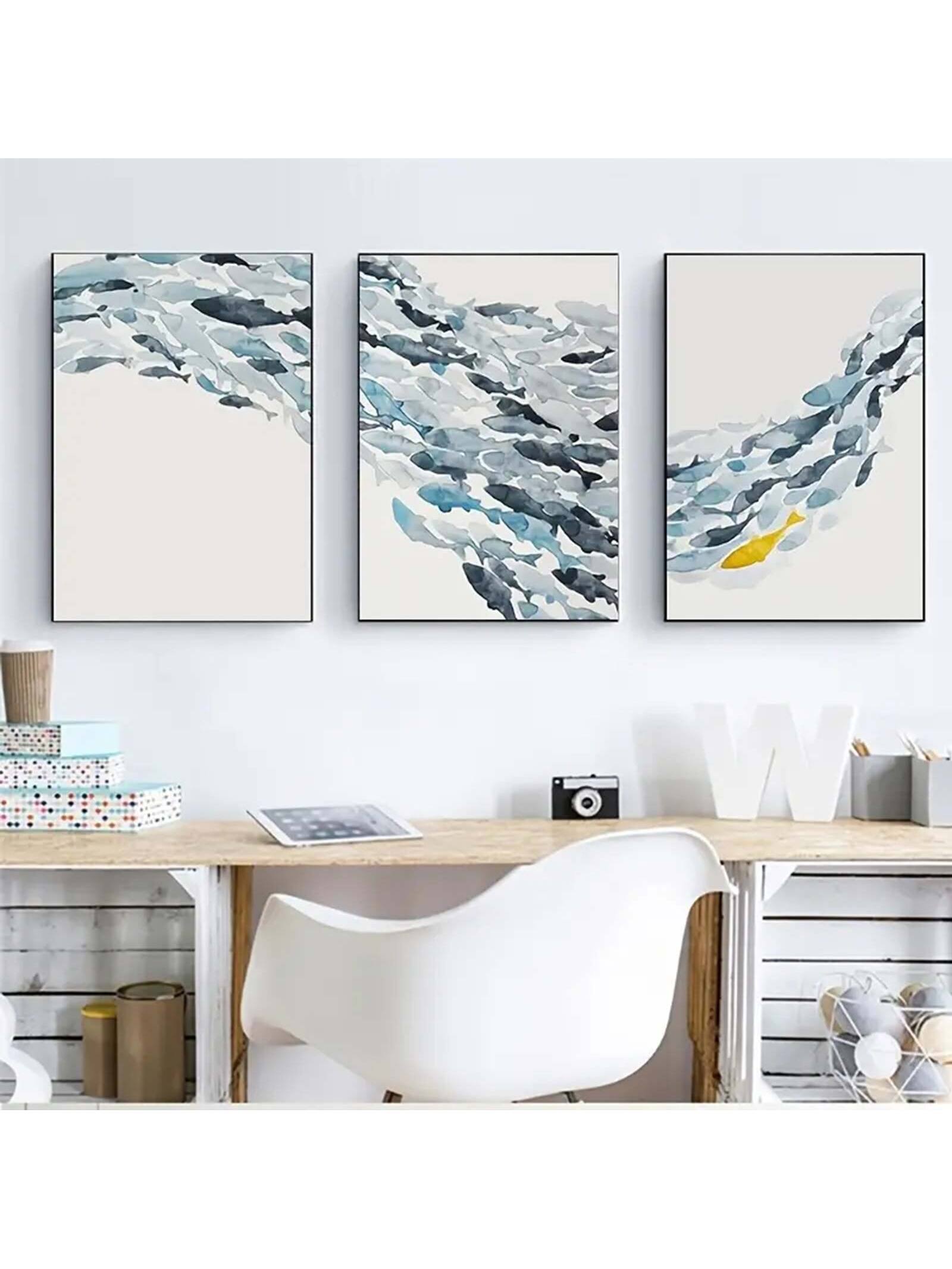 Experience the serene beauty of underwater life with our Vibrant Underwater Serenity Canvas Wall Art Set. This 3-piece unframed set features watercolor fish, adding a touch of color and tranquility to any room.