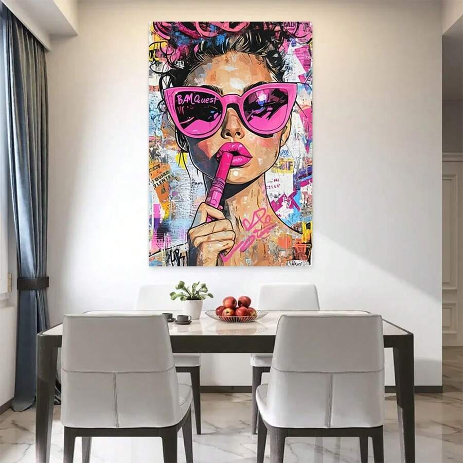 Transform your space with this vibrant pop art canvas poster featuring a cool girl in pink glasses. The bold, eye-catching design combines cartoon, figure, and graphic elements in a modern aesthetic that brings personality to any room. Crafted on durable canvas with waterproof properties, this unframed piece is perfect for trendy home decor. Easy to display and built to last, it's an instant statement for contemporary interiors.