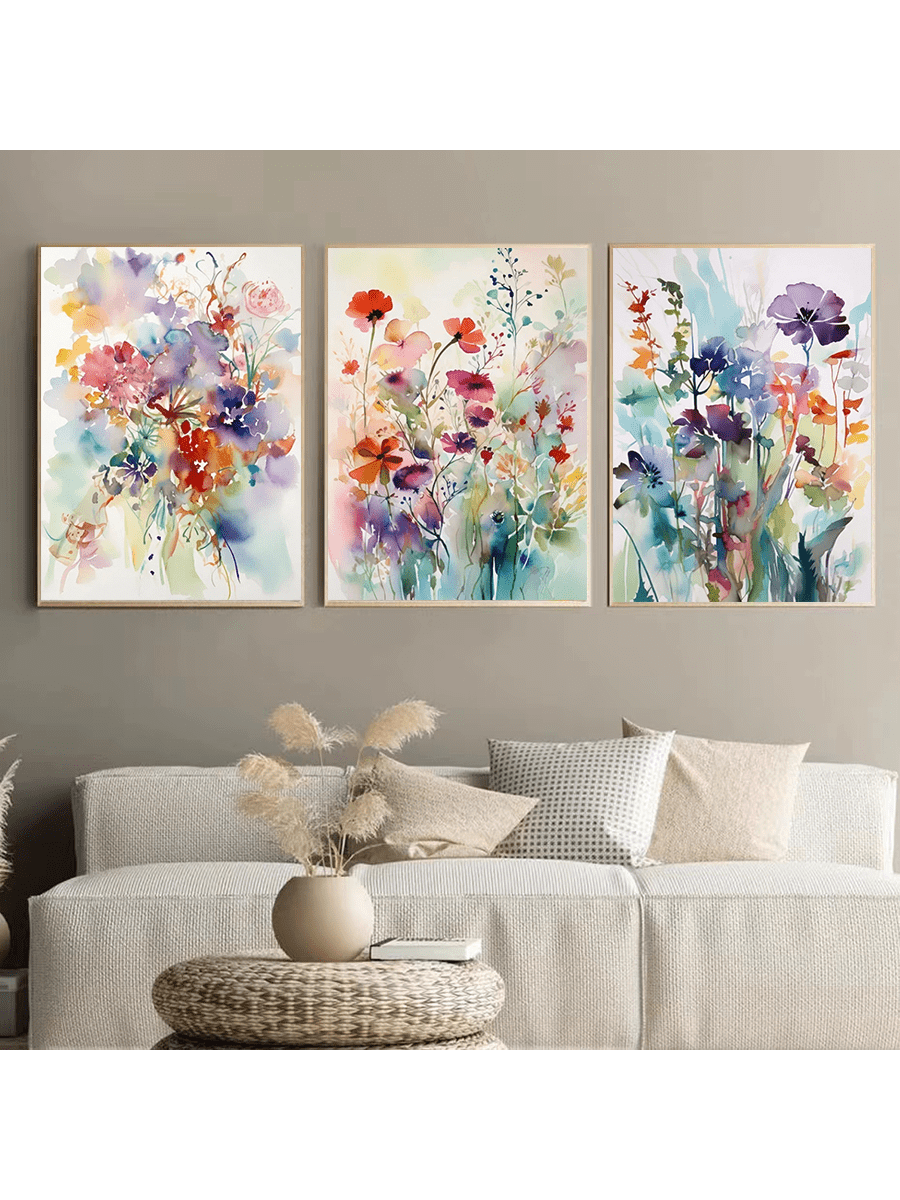Elevate your living space with this Vibrant Violet and Orange Floral Watercolor Art Set, featuring three unframed posters designed to bring dynamic color and artistic flair to any room. Each piece showcases delicate floral patterns in bold violet and orange hues, offering a harmonious blend of vibrancy and elegance. Perfect for creating a striking mural effect, these prints provide a versatile home décor solution that enriches your environment with a refined, contemporary aesthetic.