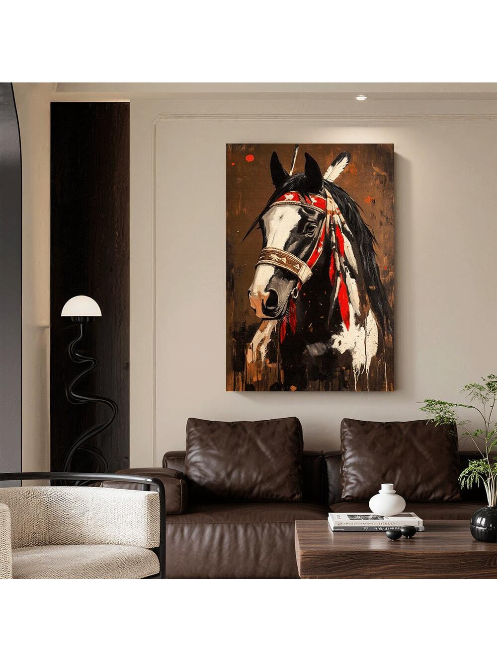Bring the spirit of the American West into your home with this striking canvas wall art featuring a vibrant horse portrait. This professionally framed piece arrives ready to hang, eliminating the need for additional mounting or framing services.