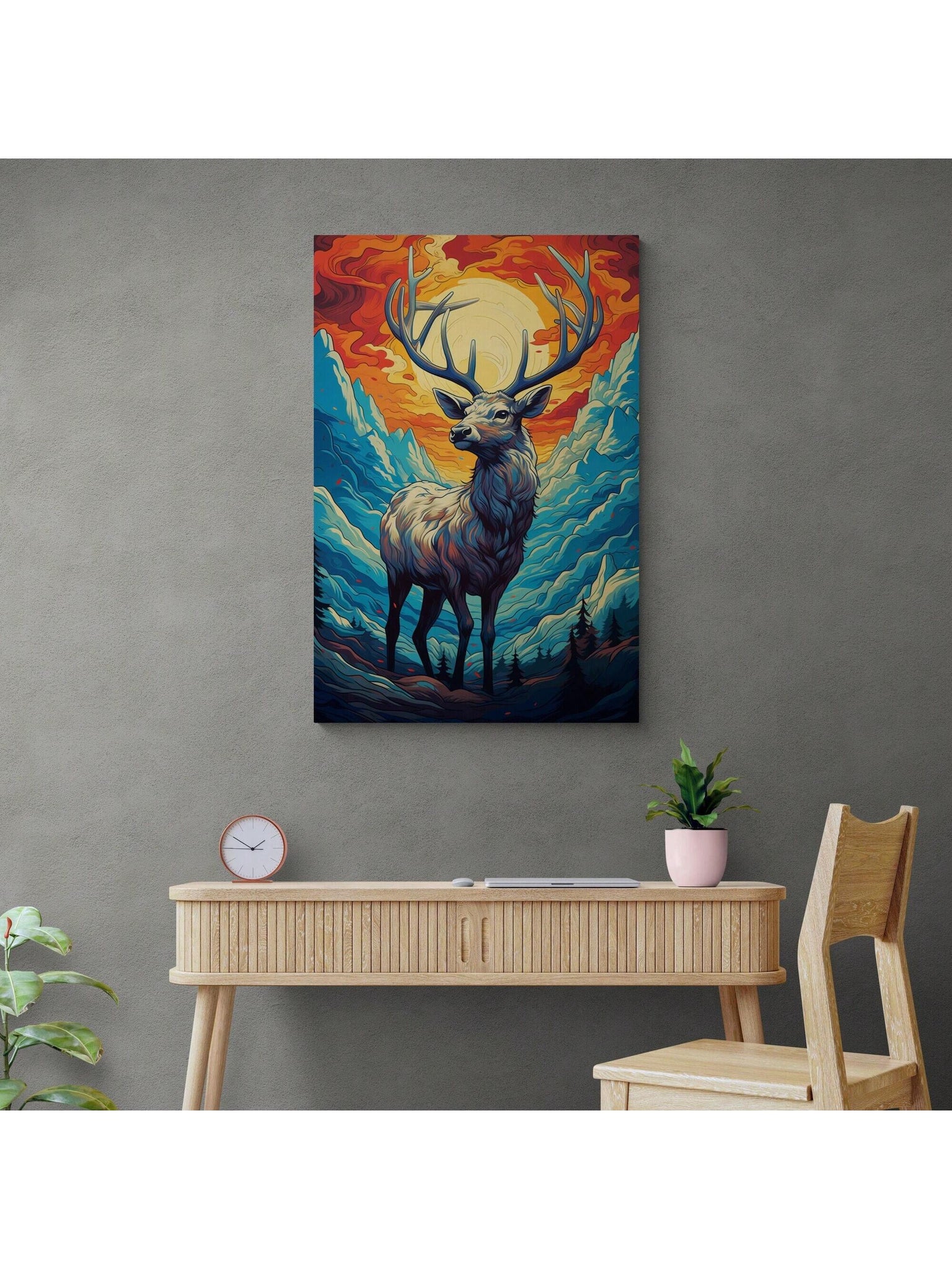 Experience the enchantment of nature with this vibrant wild deer oil painting. Perfect for every room, this stunning canvas art brings the beauty of a sunset to life. Bring a touch of the outdoors into your home and transform any space into a peaceful, natural oasis.