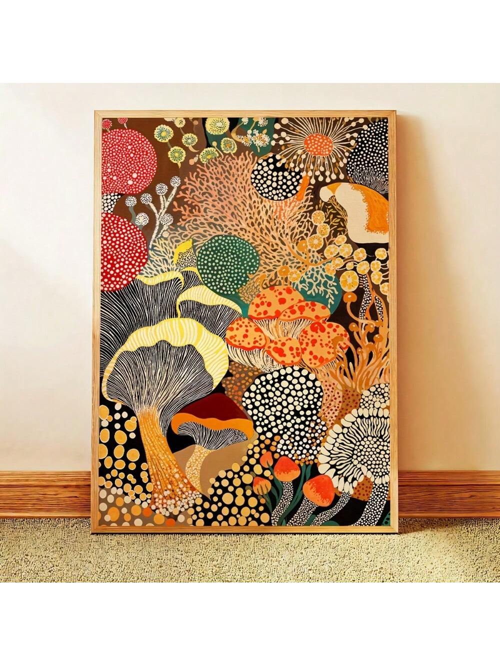 This vibrant canvas art, inspired by Yayoi Kusama's signature style, showcases an abstract mushroom design that adds a bold statement to any space. Perfect for both home and office, it brings a unique blend of color and form that enhances modern décor while sparking creativity and conversation. Crafted to complement contemporary interiors, this piece serves as a striking focal point that elevates your environment with artistic flair.