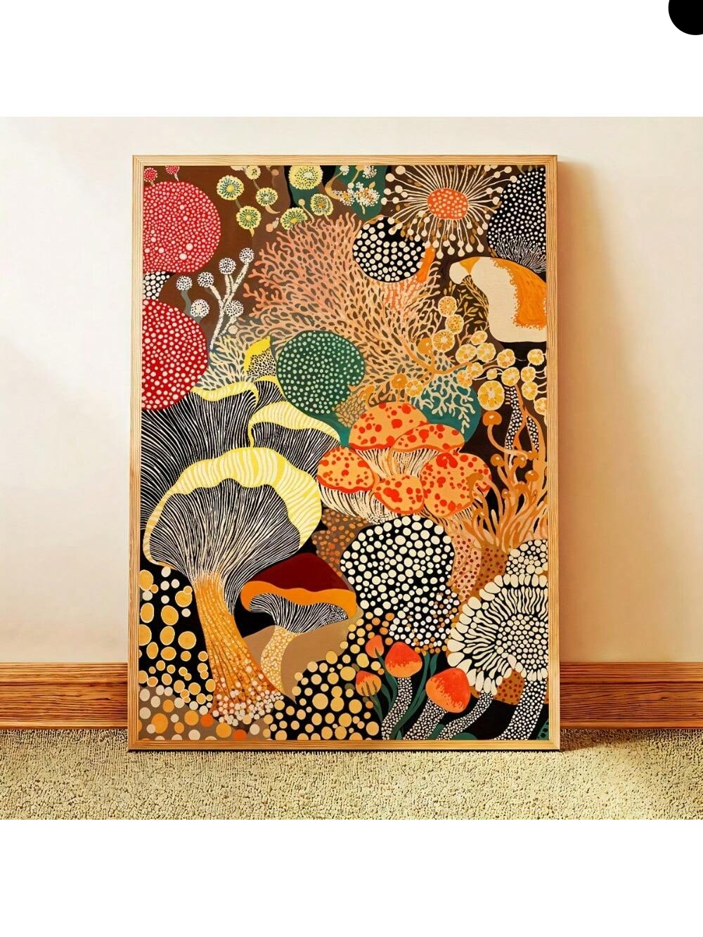 This vibrant canvas art, inspired by Yayoi Kusama's signature style, showcases an abstract mushroom design that adds a bold statement to any space. Perfect for both home and office, it brings a unique blend of color and form that enhances modern décor while sparking creativity and conversation. Crafted to complement contemporary interiors, this piece serves as a striking focal point that elevates your environment with artistic flair.