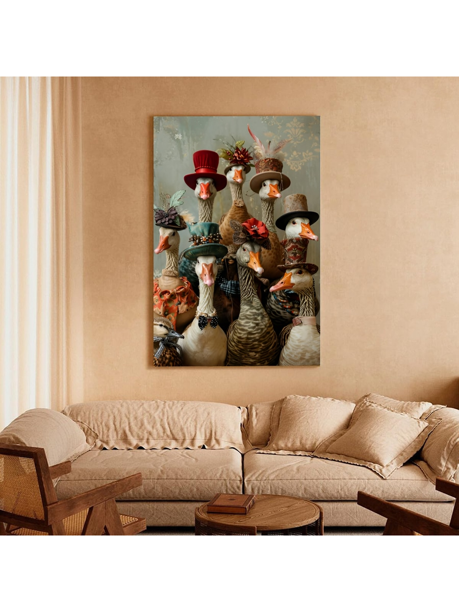 The Victorian Elegance canvas art features whimsical dapper geese, adding unique charm to any room. Made with high-quality materials and framed for a touch of elegance, it is the perfect addition to your home decor. Let these quirky geese bring a touch of whimsy to your walls.