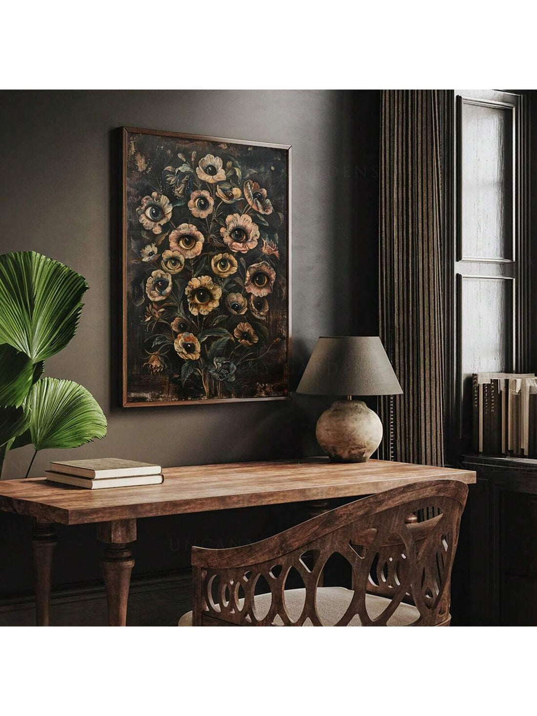 Elevate your interior with this Victorian Gothic Floral Evil Eye canvas print, blending vintage dark botanical elements with a mysterious, protective motif. Expertly crafted, this wall art adds a sophisticated, moody ambiance to any space, perfect for those who appreciate classic gothic aesthetics combined with symbolic design. Durable and visually striking, it enhances home decor with a unique blend of history and mystique.