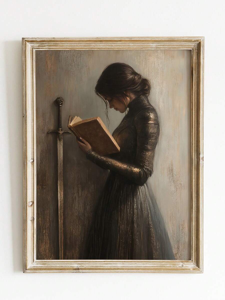 Victorian woman reading poster beside sword