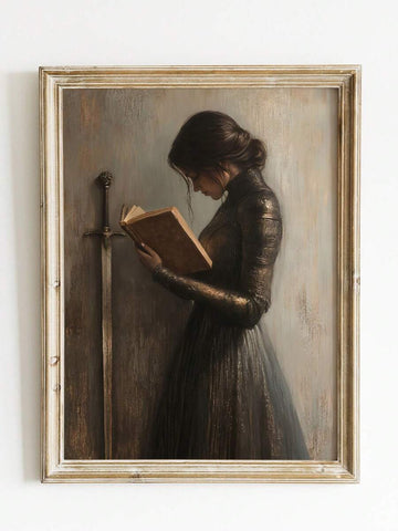 Victorian woman reading poster beside sword