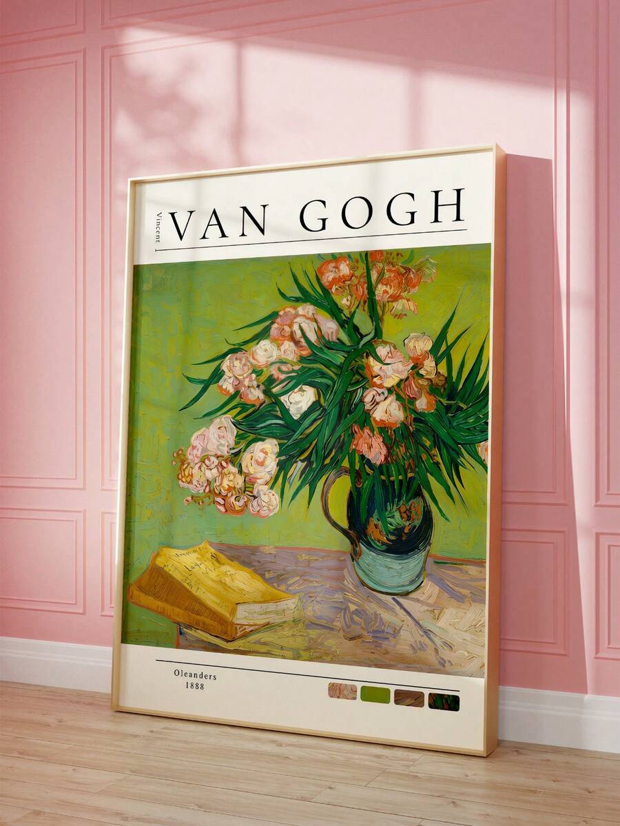 Large framed Oleanders museum poster against pink paneled wall