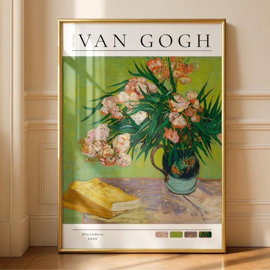 Gold framed Van Gogh Oleanders poster leaning against cream paneled wall