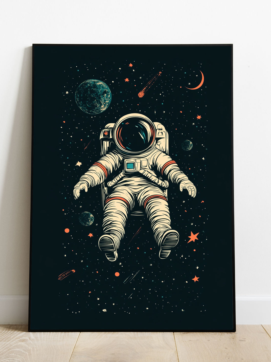 Step into a retro space adventure with our Vintage Astronauts Floating In Space Canvas. Perfect for a living room, sofa backdrop, or bedside decoration, this poster wall art brings a unique touch of nostalgia to any home. Made with high-quality canvas and available in multiple sizes and styles. No frame included.