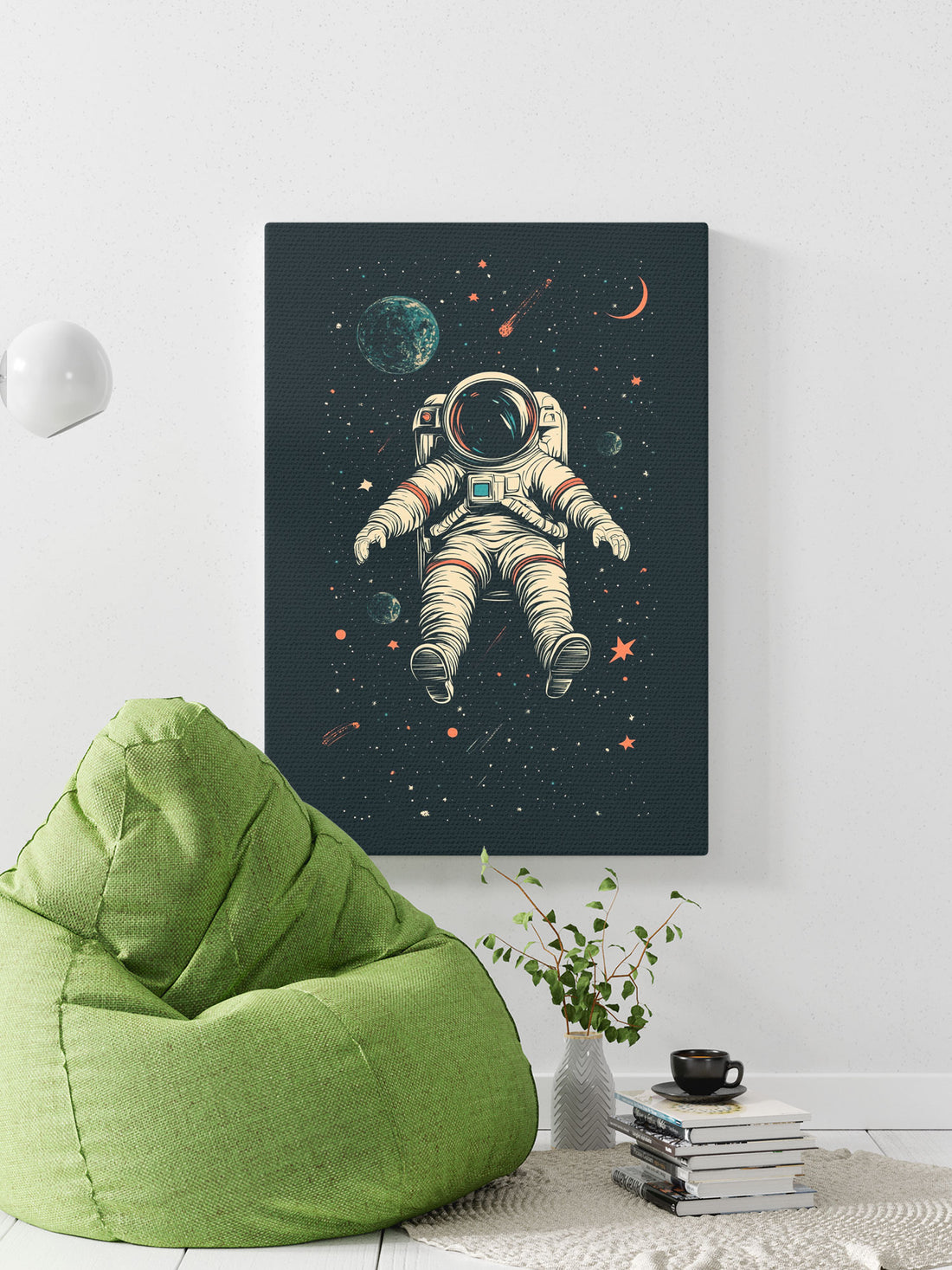 Step into a retro space adventure with our Vintage Astronauts Floating In Space Canvas. Perfect for a living room, sofa backdrop, or bedside decoration, this poster wall art brings a unique touch of nostalgia to any home. Made with high-quality canvas and available in multiple sizes and styles. No frame included.