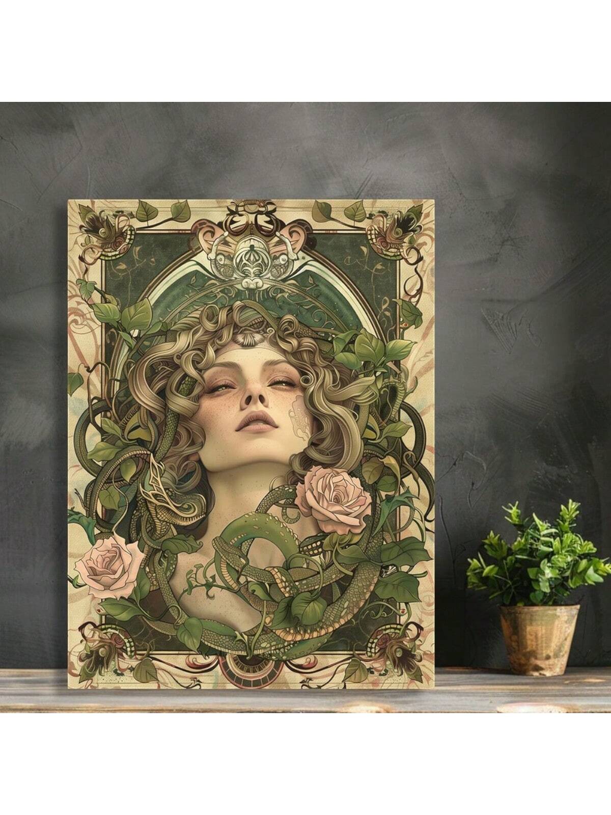 Introducing our Vintage-Inspired Art Deco Medusa Canvas Print, featuring an elegant snake and rose design. Add sophistication to your home décor with this unique piece. Handcrafted with attention to detail, this canvas print is a must-have for any art aficionado.