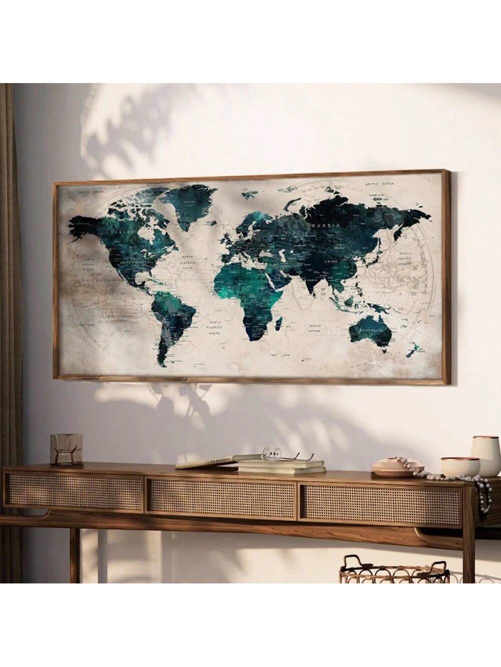 Elevate your space with this vintage-inspired world map canvas print, designed to bring a timeless artistic touch to any bedroom, living room, or office. Crafted with attention to detail, this canvas combines classic cartographic elements with a warm, aged aesthetic, making it both a decorative focal point and a conversation starter. Its versatile design complements various interior styles, adding depth and character while inspiring a sense of adventure and global curiosity. Ideal for those seeking sophisti