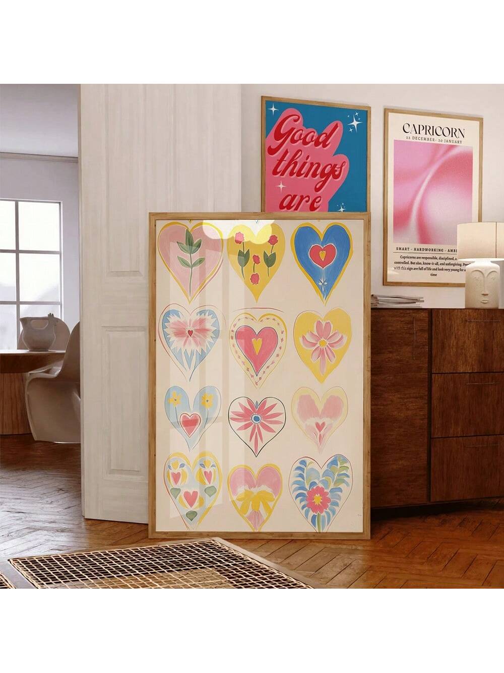 This Vintage 70s Hearts Love Poster adds a touch of romance to any bedroom decor. With its charming cottagecore design, this wall art is perfect for creating a cozy and inviting atmosphere. Bring back the nostalgia of the 70s with this vintage-inspired poster.