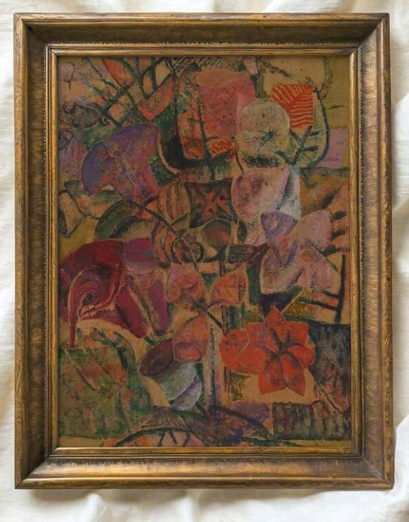 Framed abstract botanical floral print in muted ochre, rust, pink and olive tones