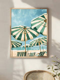 Vintage Aerial Beach Umbrella & Coastal Surfboard Canvas Poster 