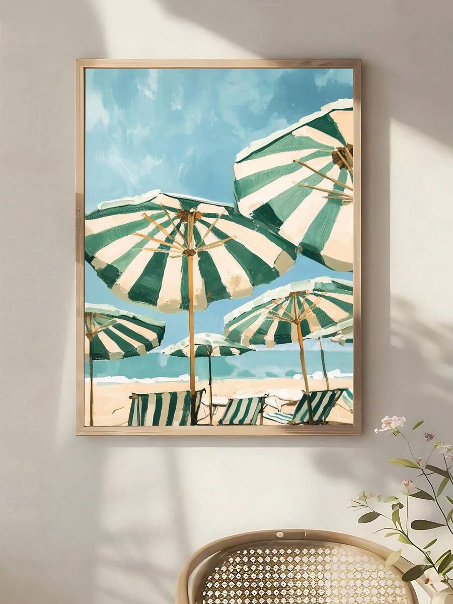 Vintage Aerial Beach Umbrella & Coastal Surfboard Canvas Poster 