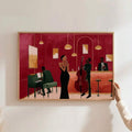 Framed burgundy jazz club artwork with Black singer pianist bassist and bartender