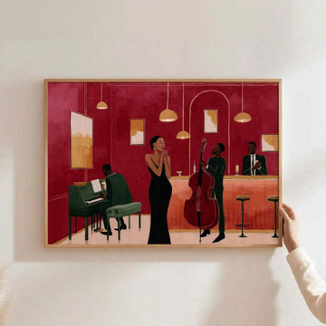 Framed burgundy jazz club artwork with Black singer pianist bassist and bartender