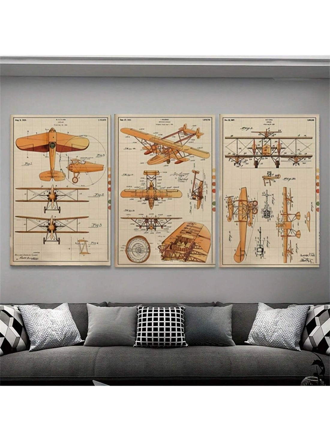 Introduce a touch of nostalgic charm with this set of 3 vintage airplane blueprints canvas art prints. These art deco posters are perfect for decorating your home, office, or bedroom and will add a unique and sophisticated touch to any space. Expertly crafted, these prints are a must-have for any aviation enthusiast.