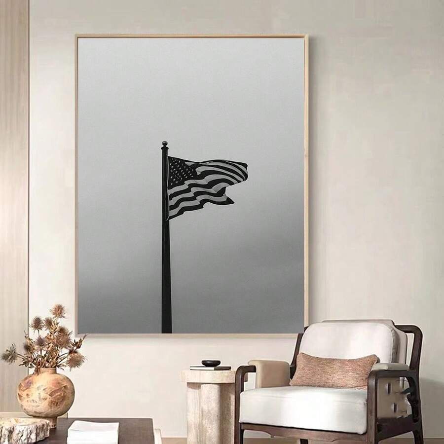 Monochrome American flag waving on a tall pole wall art