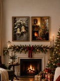 Framed vintage Christmas canvas poster showing golden bells hanging from snow-covered evergreen branches