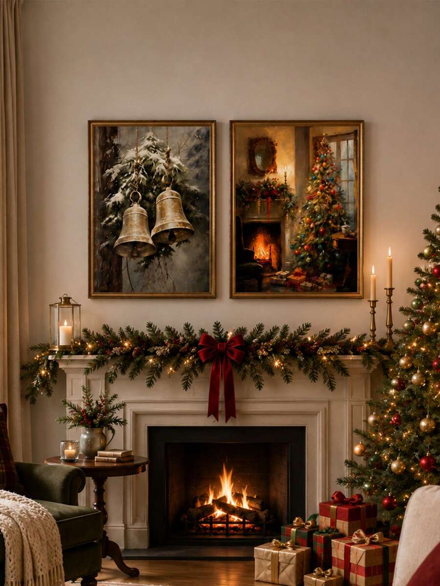 Framed vintage Christmas canvas poster showing golden bells hanging from snow-covered evergreen branches